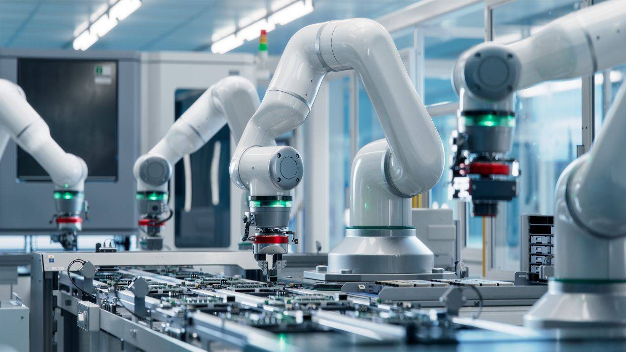 Automatisierte Roboterarme arbeiten effizient in Fertigungslinie dank Technologie von Roboter Unternehmen