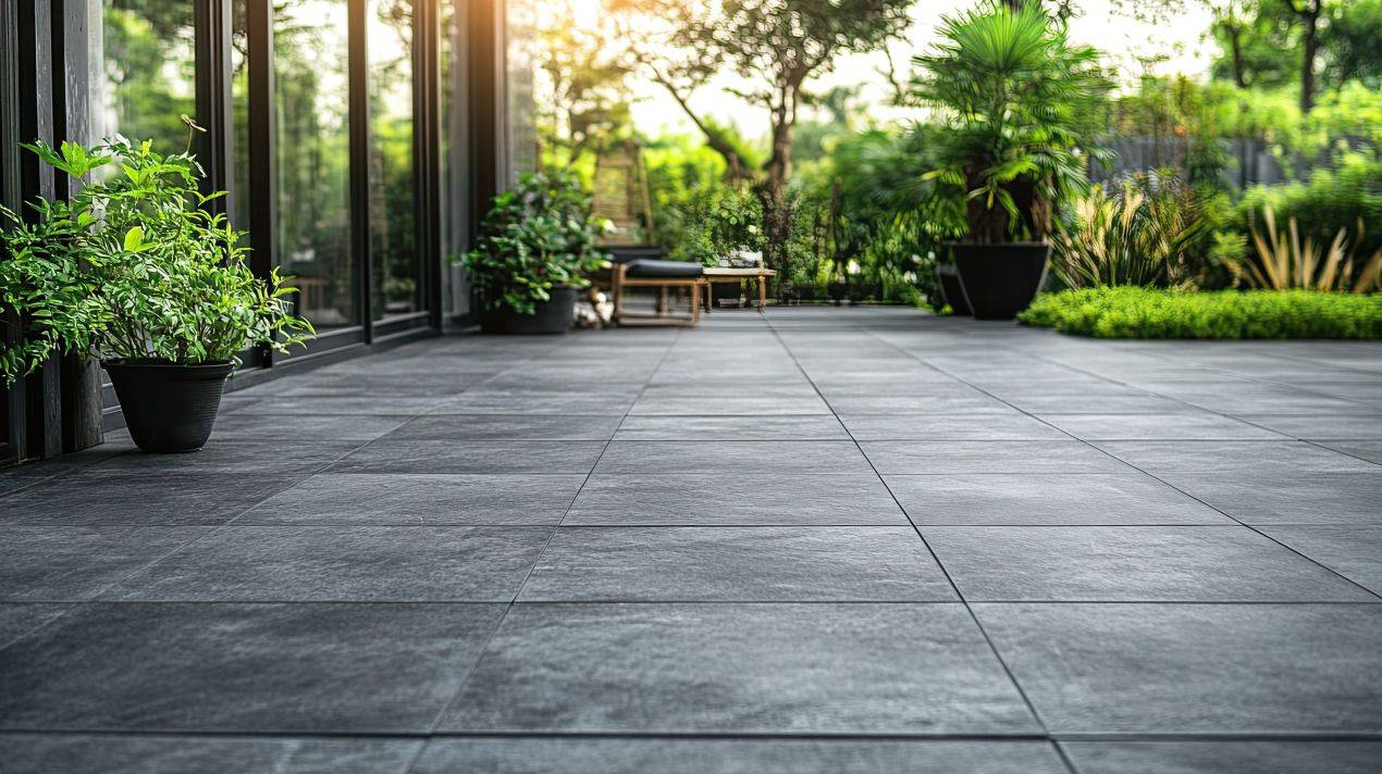 Moderne Terrasse mit dunklen Natursteinplatten, großen Pflanzkübeln und Blick ins begrünte Gartenumfeld bei Sonnenuntergang