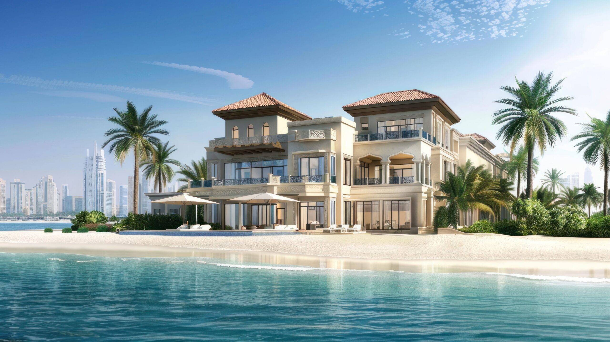 Exklusive Luxusvilla in Dubai direkt am Strand, mit Skylineblick und umgeben von Palmen