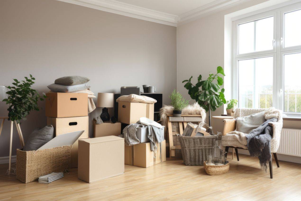 Wohnzimmer mit Umzugskartons und Gegenstaenden im Zuge einer Wohnungsaufloesung durch Entrümpelung Beckum