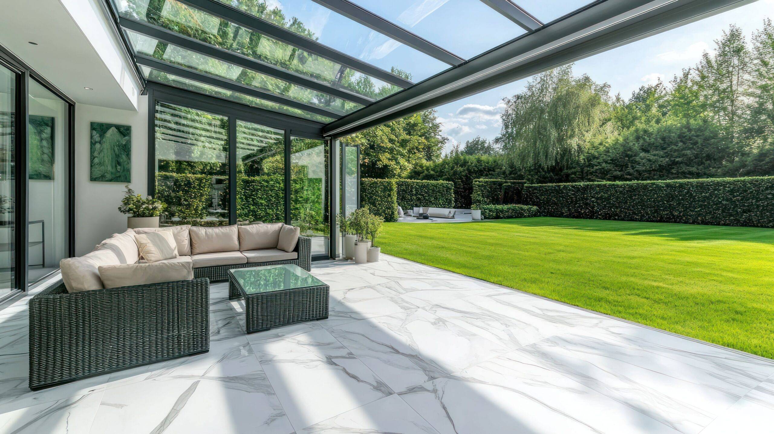 Terrassenüberdachung Hannover mit Glasdach und Lounge-Bereich