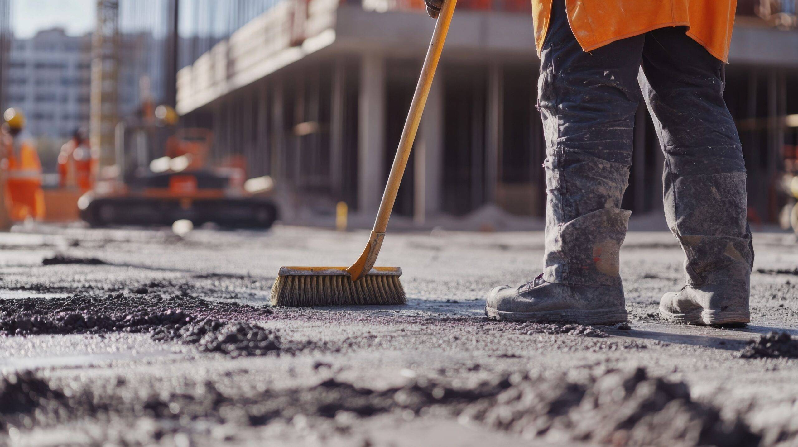 Ein Bauarbeiter kehrt groben Schmutz auf einer Baustelle vor einem Rohbau mit einem Besen