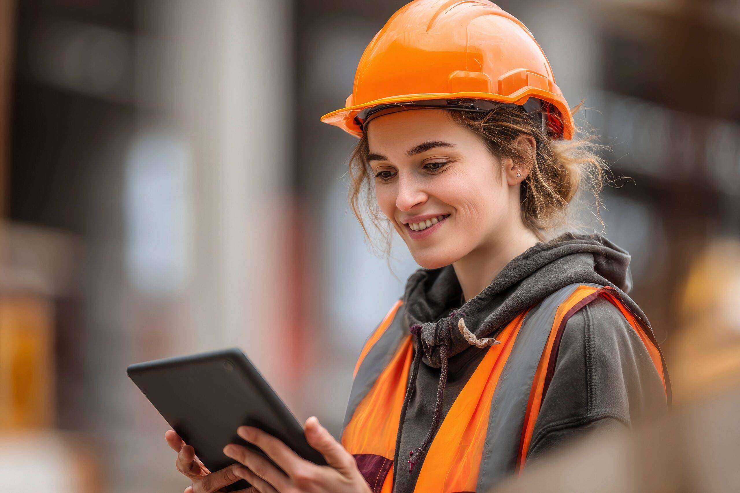 Eine Bauleiterin mit orangefarbener Weste und Helm prüft mit einem Tablet den Fortschritt auf der Baustelle