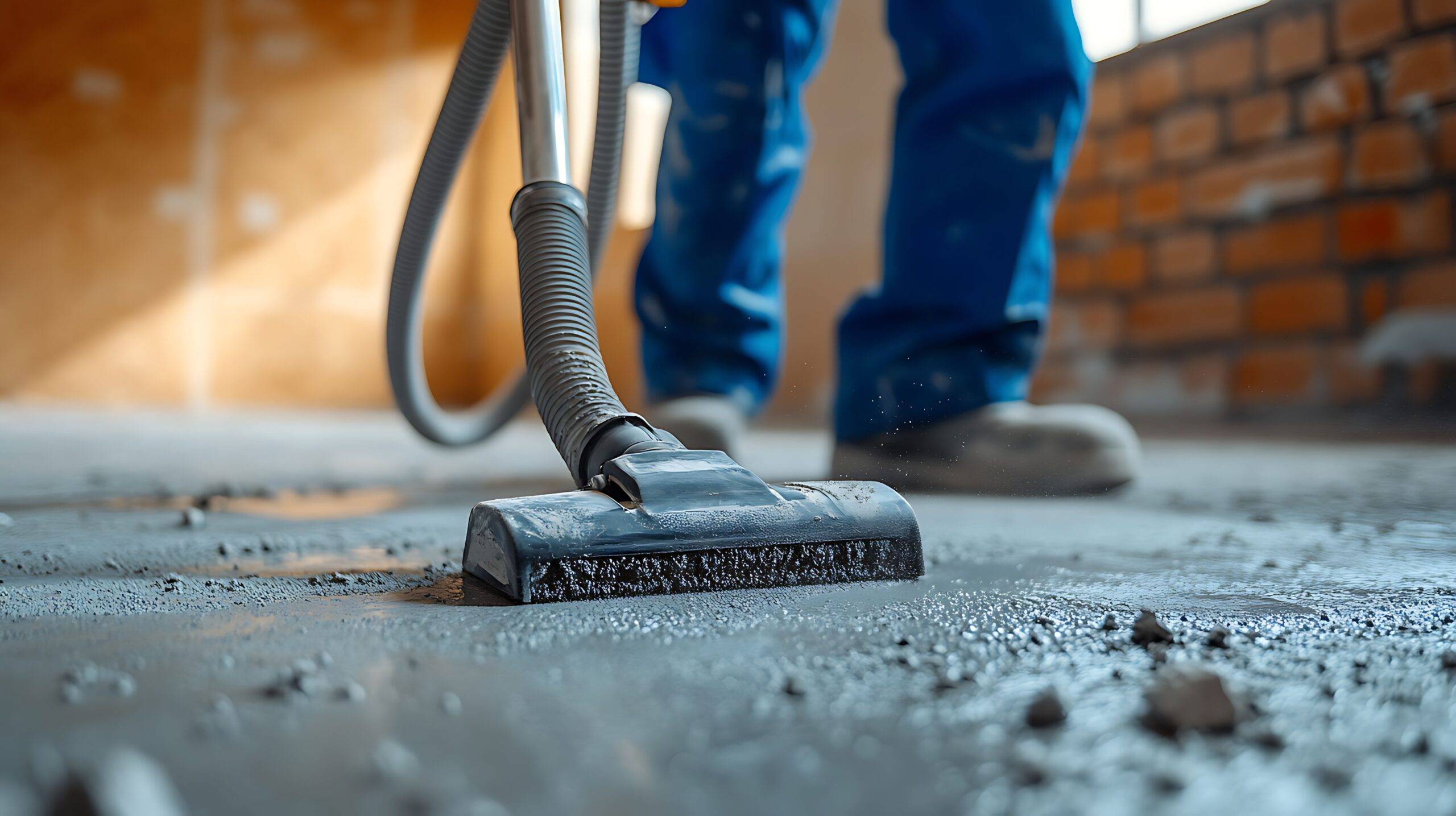 Ein Bauarbeiter saugt mit einem Industriesauger Staub und Schmutz vom Boden einer Baustelle