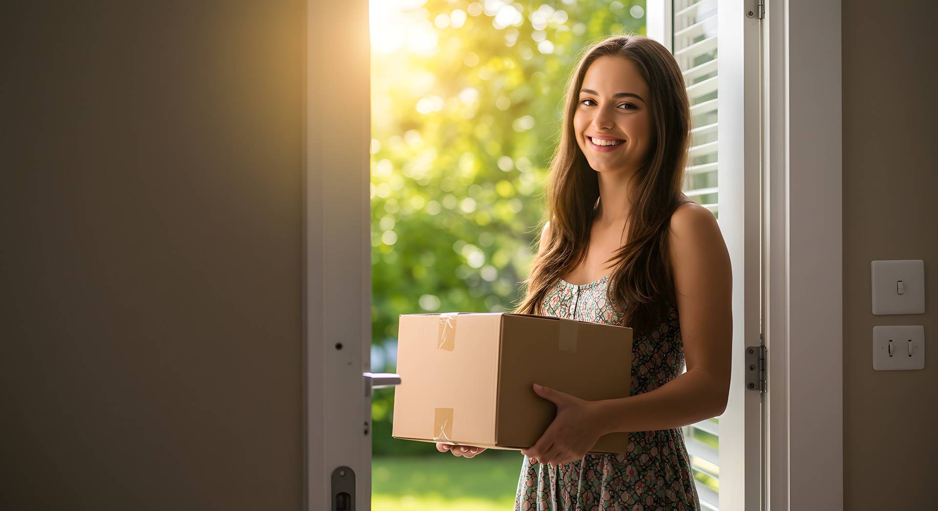 Frau mit Paket an Haustür | Paketbox für Zuhause

