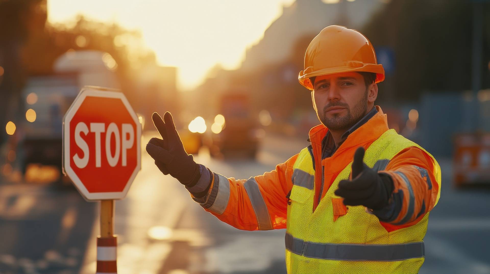 Bauarbeiter regelt Verkehr an Baustelle | Straßenmarkierung