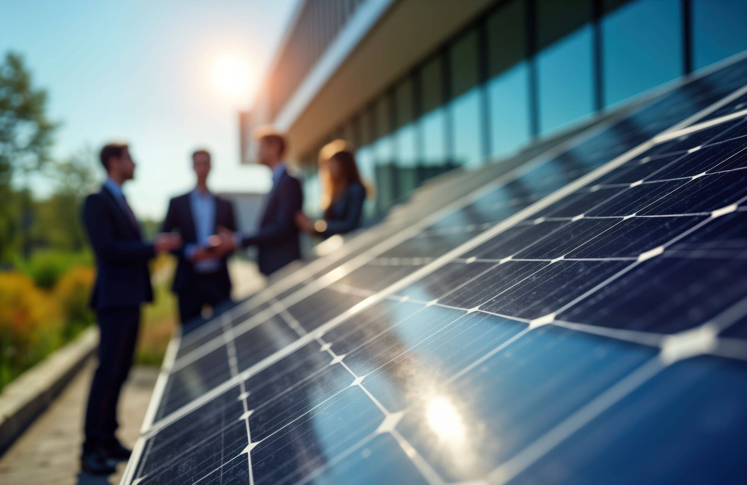 Geschäftsleute diskutieren nachhaltige Energielösungen in der Nähe von Solarpanels vor einem modernen Bürogebäude an einem sonnigen Tag.